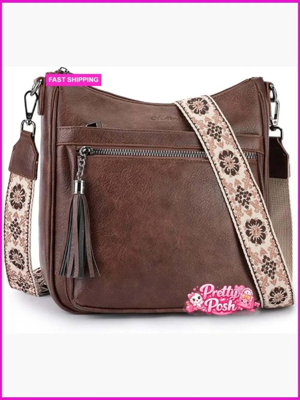 Vegan Leather Crossbody Bag with Tassel, Lightweight Hobo Purse
